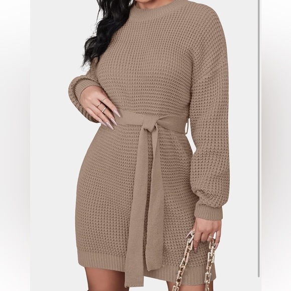 NWT Cozy Waffle Knit Crewneck Sweater Dress with Belt Tan Size Small - Picture 3 of 15